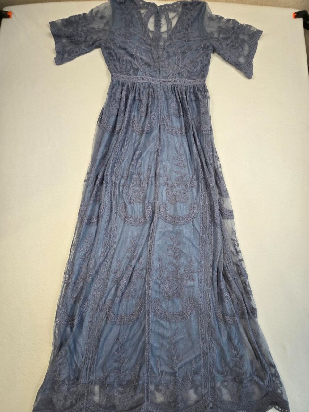 PinkBlush Small Blue Lace Mesh Overlay Maxi Dress Boho Fairy Feminine Empire Wai - Picture 6 of 8